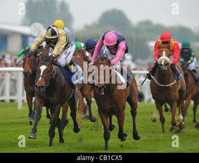 Palast Mond geritten von Tom Queally (rosa Farben) gewinnt die bluesq.com Handicap Cl2 6f8y von Pabusar geritten von Jim Crowley - Pferderennen in Newbury Racecourse, Berkshire - 19.05.2012 - obligatorische CREDIT: Martin Dalton Stockfoto