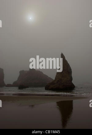 20. Mai 2012 - Banddon, Oregon, USA - beginnt eine ringförmige Sonnenfinsternis, wie eine dicke Bank von Nebel vom Pazifischen Ozean in Bandon rollt. Bandon war in der Gegend, in der die Menschen in der Lage, den kompletten "Ring of Fire'' zu sehen hätte sein sollen, aber der Nebel völlig verdeckt die Sonne vor die Sonnenfinsternis co war Stockfoto