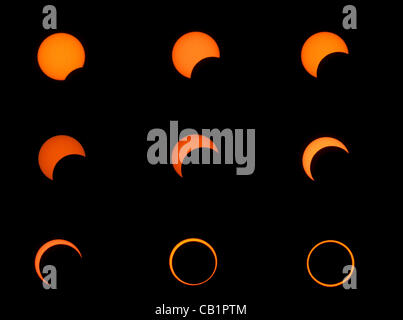 Neun Bild Zusammensetzung des gefilterten Zyklus der ringförmigen Sonnenfinsternis aus Albuquerque, New Mexico, USA am 20. Mai 2012. Stockfoto