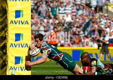 26.05.12 Twickenham Stadion, ENGLAND: Anthony Allen von Leicester Tigers geht über während der Aviva Premiership Ruggby Finales zwischen Harlekine und Leicester Tigers im Twickenham Stadion am 26. Mai 2012 in Virginia Wasser, England. Stockfoto