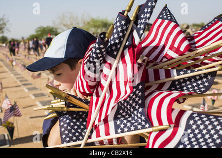 26. Mai 2012 trägt - Phoenix, Arizona, USA - A Cub Scout amerikanische Flaggen durch die National Memorial Cemetery am Samstag, den Beitritt Hunderte von Boy und Girl Scouts und Young Marines, eine Scout-ähnliche Organisation, amerikanische Flaggen Inverkehrbringen Veteranen Gräber. Die Fahnen sind da jedes Jahr auf th platziert. Stockfoto