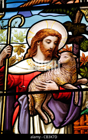 Ein Fenster aus Buntglas in einer Kirche, die Jesus als Hirte trägt ein Schaf Darstellung. Stockfoto