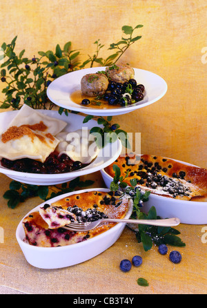 Tableau: Frikadellen mit Heidelbeere Salat / Quark Soufflé mit Heidelbeeren / Blaubeeren "Ravioli" Stockfoto