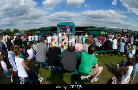 01.07.2011. Hintergrund gedreht, die Fans auf Henman Hill / Murray Mount watch Match Novak Djokovic SRB (2) V Jo-Wilfried Tsonga Stockfoto