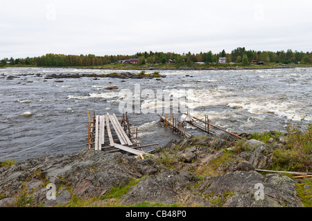 Brücke für Felchen Fang mit Kescher Fisch in Torne Fluss, Kukkola Stream, an der Grenze zwischen Schweden und Finnland. Stockfoto