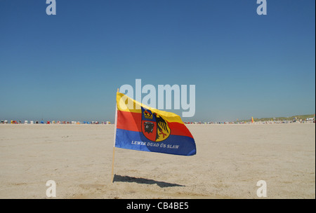 Flagge des Northern Frisia stecken in den Sand des Kniepsands Strand in Norddorf auf der Nordsee Insel Amrum in Schleswig-Holstein Stockfoto