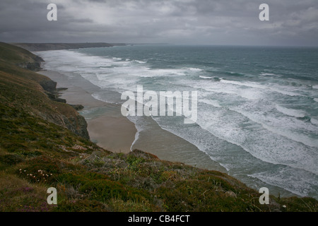 Kapelle Porth an der kornischen Küste, Blick auf das Meer an einem stürmischen Tag. Stockfoto