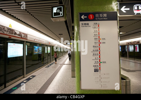 MTR-u-Bahnstation zeigt Tsuen wan Line Karte Jordanien Bahnhof Kowloon Hongkong China Stockfoto
