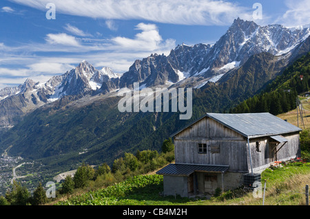 Blick von der Tramway du Mont Blanc auf den Col de Voza Tal von Chamonix Stockfoto