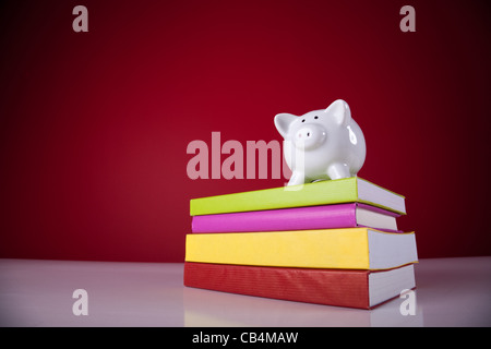 Piggy Bank über einen Stapel bunten Bücher mit einem roten Hintergrund Stockfoto