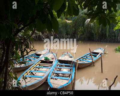 Ruderboote vertäut im Mekong-Delta, Vietnam Stockfoto