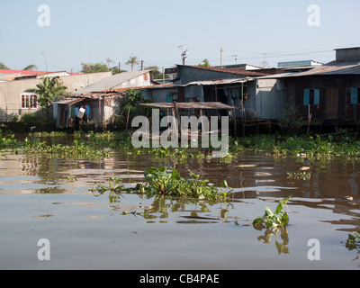 Pfahlbauten auf dem Wasser im Mekong-Delta, Vietnam Stockfoto