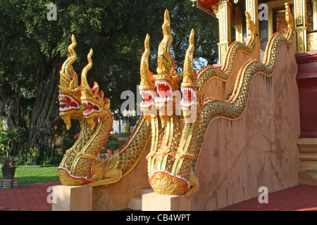 Die dreiköpfige Schlange-Statue. Eintritt in die Kirche, ein Tempel in Chiang Mai, Thailand. Stockfoto