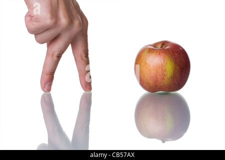 Hand zu finden, das beste Essen, isoliert auf weiss mit Reflexion Stockfoto