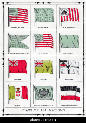 In dieser Abbildung gezeigten Flaggen wurden aktuelle 1896. Dazu gehören die USA, England, Irland, Deutschland und Italien. Stockfoto