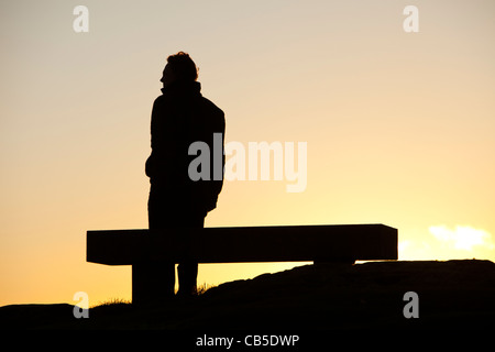 Ein Mann neben einem Denkmal Sitz auf Orrest Head oben Windermere im Lake District, Cumbria, England. Stockfoto