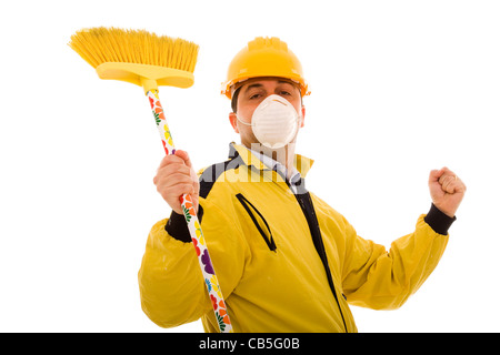 Männer mit schützenden Uniform und einem Besen, glücklich mit seinem job Stockfoto