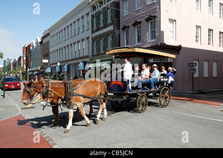 Pferdekutsche Kutsche mit Touristen auf King Street in Charleston, South Carolina Stockfoto