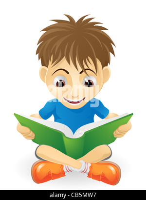 Ein Beispiel für ein fröhlicher kleiner Junge Lächeln auf den Lippen und ein Buch zu lesen Stockfoto