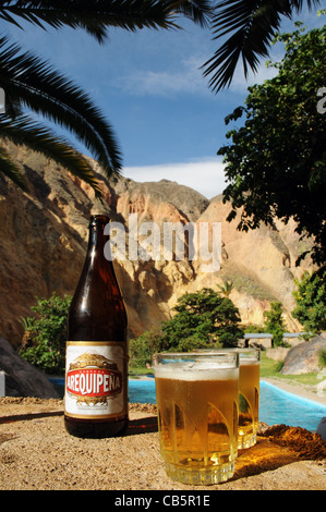 Kaltes Bier in der Oase von wunderschoener im Colca Canyon, Peru Stockfoto