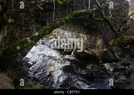 Steinbrücke über den Allt ein Eas-River bei Eas fällt, in der Nähe von Kilbrennan, Isle of Mull, Schottland. Stockfoto