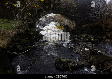 Steinbrücke über den Allt ein Eas-River bei Eas fällt, in der Nähe von Kilbrennan, Isle of Mull, Schottland. Stockfoto