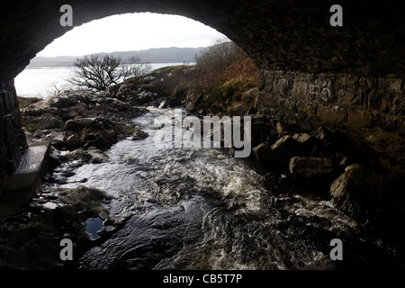 Steinbrücke über den Allt ein Eas-River bei Eas fällt, in der Nähe von Kilbrennan, Isle of Mull, Schottland. Stockfoto