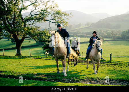 Pony trekking Reiten auf Penlone Bauernhof mit Elan Tal hinter. In der Nähe von Rhayader, zentrale Wales, UK Stockfoto