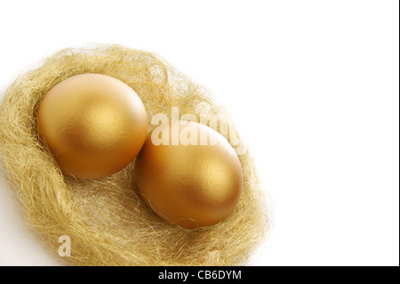 goldene Ei im Nest auf einem weißen Hintergrund isoliert Stockfoto