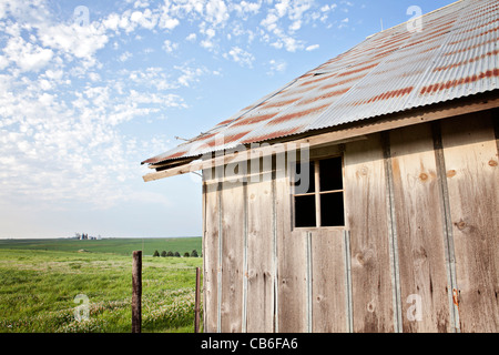 Blechdach-Scheune mit grünen Wiesen und blauem Himmel mit Wolken. Weiden. Iowa. Midwest. Stockfoto