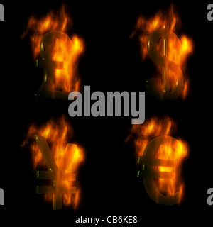 Computer Genrated Euro, Dollar, Pfund und Yen 3D-Symbole brennen in Flammen Stockfoto