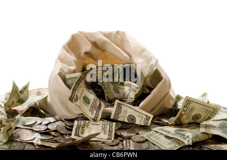 Geld (US-Dollar) aus einer Segeltuchtasche Geld verschütten. Stockfoto