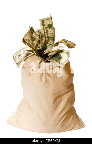 Geld (US-Dollar) aus einer Segeltuchtasche Geld verschütten. Stockfoto