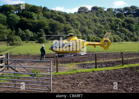 Schottischer Krankenwagen-Service Air Ambulance Helikopter behandelnden Vorfall im Feld laden Patienten auf Keilrahmen Stockfoto