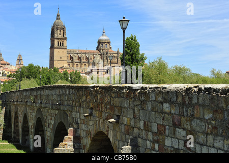 Römische Brücke und alte Kathedrale von Salamanca (Kastilien und León, Spanien) Stockfoto