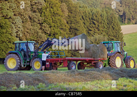 Runde Heuballen auf Anhänger geladen werden Stockfoto