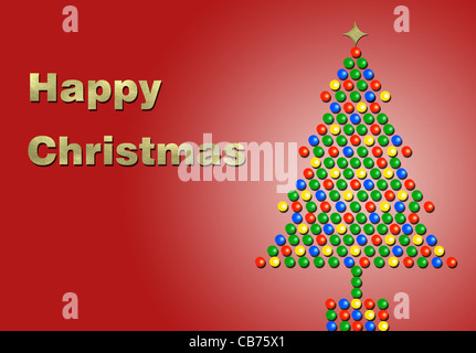 Frohe Weihnachten in Gold mit einem Weihnachtsbaum auf einem roten Hintergrund isoliert Stockfoto