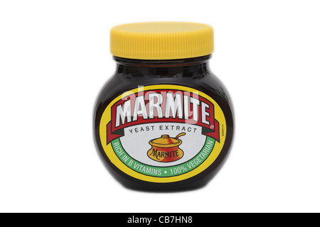 Ein Glas mit Marmite. Stockfoto