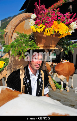 Ein Schweizer Cowherder, in Tracht, Senkung seiner Kühe aus den Alpen Stockfoto