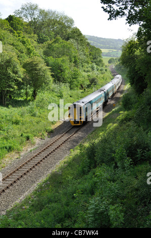 Ein Arriva Züge Wales Klasse 158 Diesel Triebzug auf eine Verbindung von Aberystwyth und Pwllheli nach Shrewsbury in der Nähe von Welshpool Stockfoto