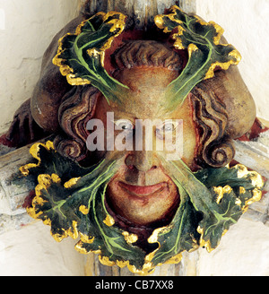 Grüner Mann, Norwich Kathedrale Kreuzgang Dach Boss Bosse England UK englische Kathedralen innen Interieur mittelalterlichen carving Stockfoto