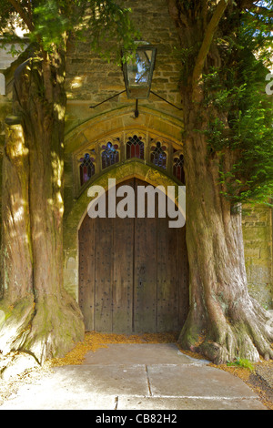 St. Edwards Kirche mit alten Eiben wachsen in Norden Veranda, Stow-on-the-Wold, Cotswolds, Gloucestershire, England, Vereinigtes Königreich, Stockfoto