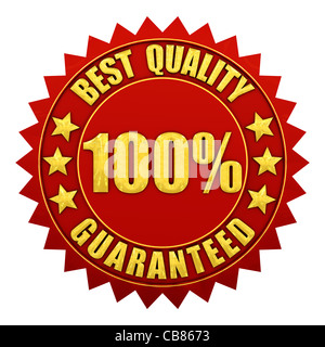 100 % beste Qualität garantiert, rot und gold Garantie-Label isoliert auf weiss Stockfoto