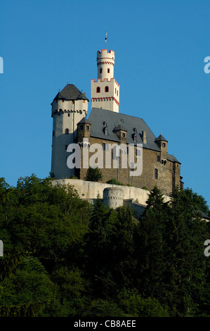 Braubach, Marksburg bin Rhein, Mittelrhein, Rheinland-Pfalz, Deutschland | Braubach, Schloss Marksburg am Fluss Rhein, Deutschland Stockfoto