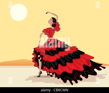 ein Beispiel für eine spanische Flamenco-Tänzerin in einen schönen gepunkteten roten und schwarzen Kleid unter heißem Himmel Stockfoto