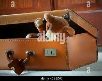 Teddybär Urlaub verpackt in alten Kinder 60er Jahre Lederkoffer aufenthalt kam bereit reisen Spielzeug Umzug nach Hause Umzug Haus Neues Zuhause Stockfoto