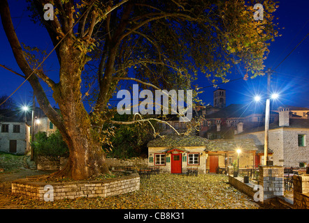 Das Quadrat von Dilofo Dorf in der Nacht. Zagori Region, Ioannina, Epirus, Griechenland Stockfoto