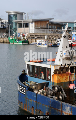 Brixham Hafen mit Fischmarkt im Hintergrund, Trawler Bm522 iBrixham, Devon, Brixham Fischereiflotte, Jakobsmuschel Wars, Molluske Stockfoto