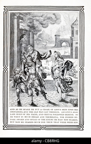 Aeneas flieht Troy, mit Vater Anchises auf die Schulter und die Penaten in einer Hand und Sohn Ascanius in der anderen, Creusa hinter. Stockfoto