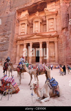 Kamele vor dem Al Khazneh oder Treasury, Petra, Jordanien Stockfoto